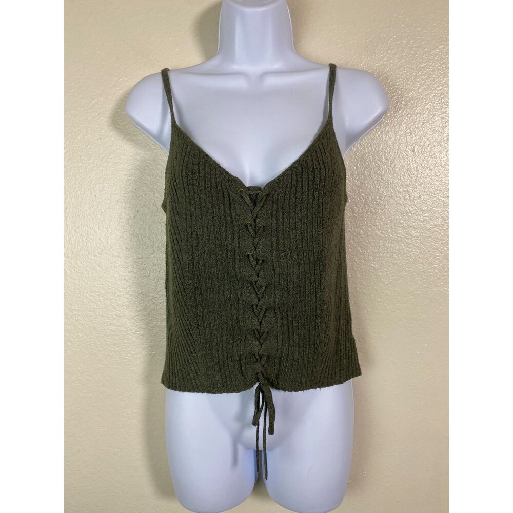 American Eagle Green Ribbed Knit Lace Up Tank Top Size Medium Y2K 90s Cotton